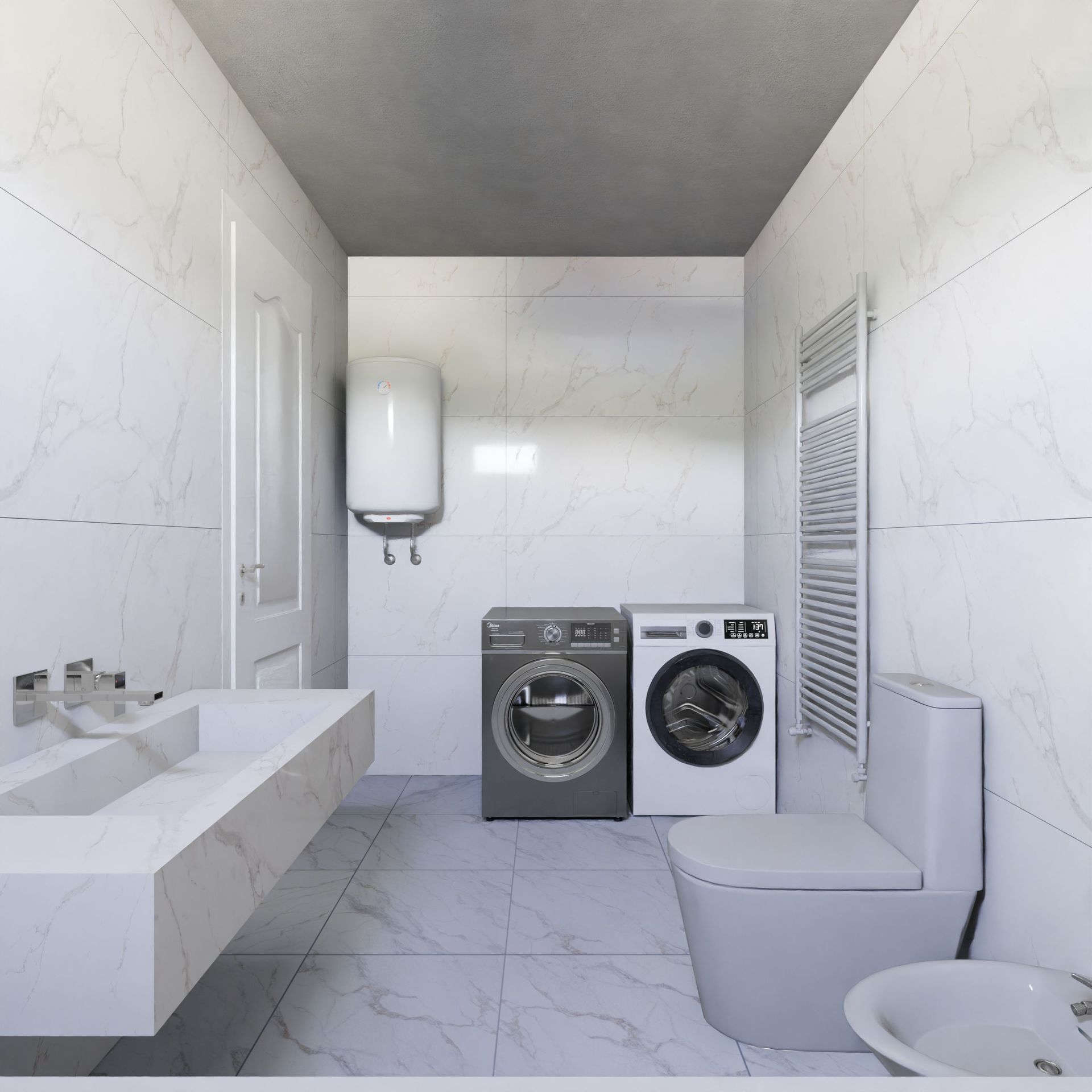 Sleek bathroom with washing machine and dryer, showcasing minimalist marble design.
